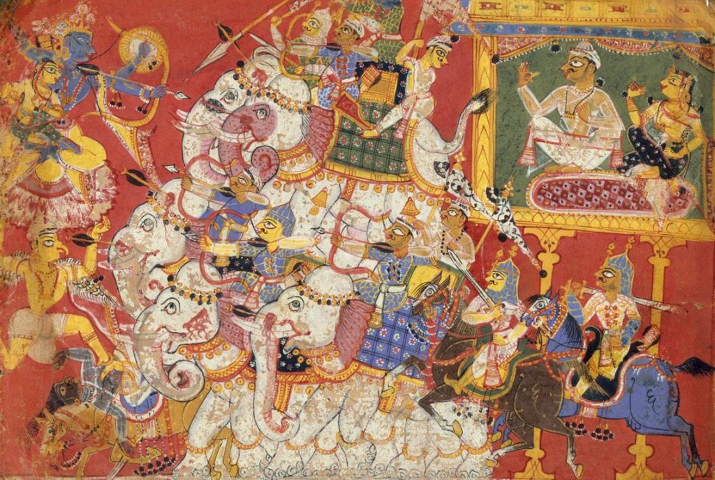 Krishna and Satyabhama fighting Narakasura's armies -Painting from the Metropolitan Museum