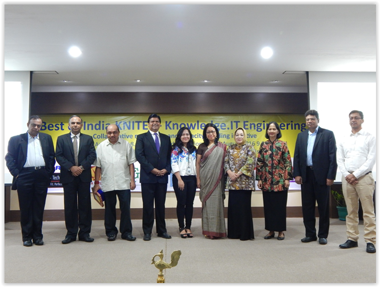 (Left to Right) Mr V Thiagarajan (TVS), Mr G Venkatesh (Indorama), Mr Biju NG Pillai (Enn Gee Teknologi Informasi), Mr Amol Titus (IndonesiaWISE),Ibu Luthviana Riannisa Astari (Godrej), H.E Ambassador of India Ms Nengcha Lhouvum, Ibu Asri Adjidarmo (Vice Rector Trisakti University), Ibu Indra Surjati (Dean, Faculty of Industrial Technology), Mr Barik (Aditya Birla Group) and Mr Bijaya Agarwala (Medisafe Technologies) at the launch of Best of India KNITE event in Jakarta