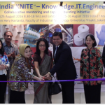 The Best of India KNITE Knowledge-IT-Engineering event is jointly launched by H.E Ambassador of India to Indonesia Ms Nengcha Lhouvum (center), Ibu Asri Adjidarmo of Trisakti University (to her left) and Mr Amol Titus of IndonesiaWISE (to her right).