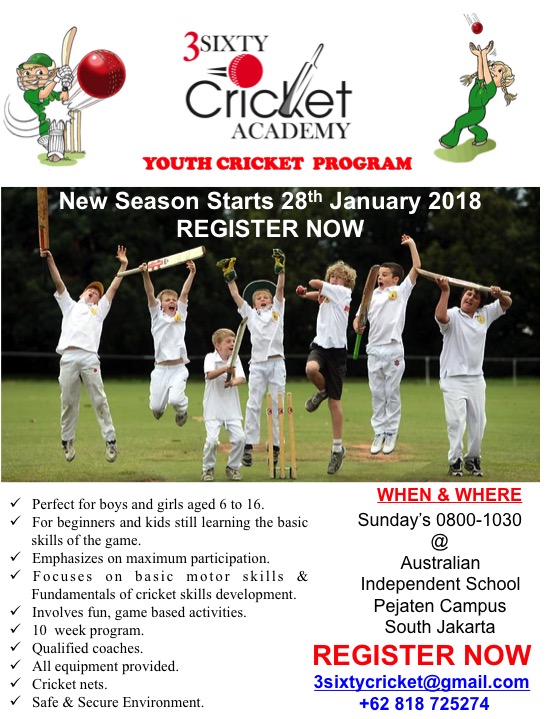 Poster 2018 NEW SEASON Jakarta Youth Cricket Program @ AIS starts 28th January
