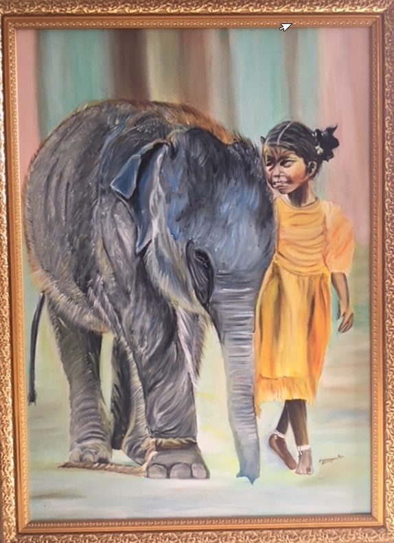 Artist: Suvarna Mantha Title: Elephant calf n little girl Date: 24-feb-2018 Size: 50/70 cms Medium: Mixed Media - oil & acrylic