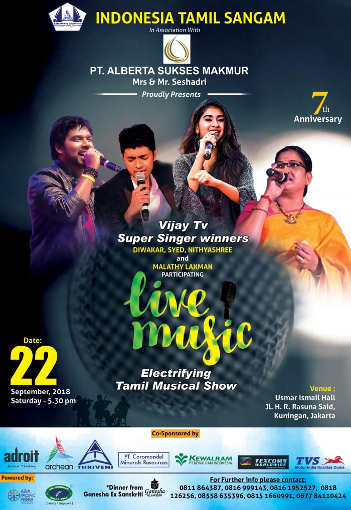Poster AF2018 English1 Grand Gala Musical Program Of Indonesia Tamil Sangam, By Vijay Tv Super Singer Winners - On Saturday, 22nd September, 2018