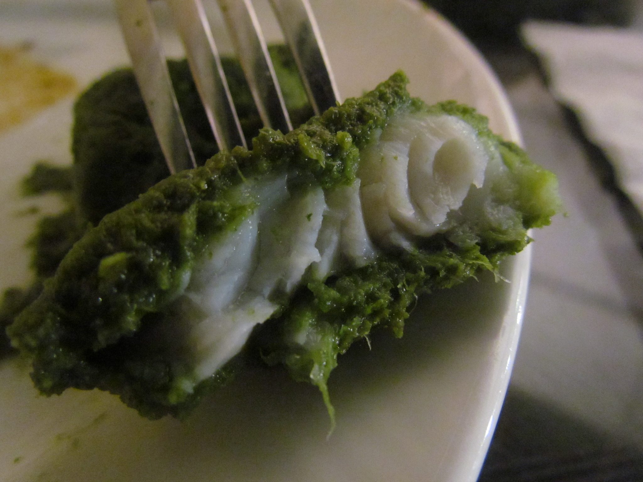Perfect flaky fish coated with spicy green chutney