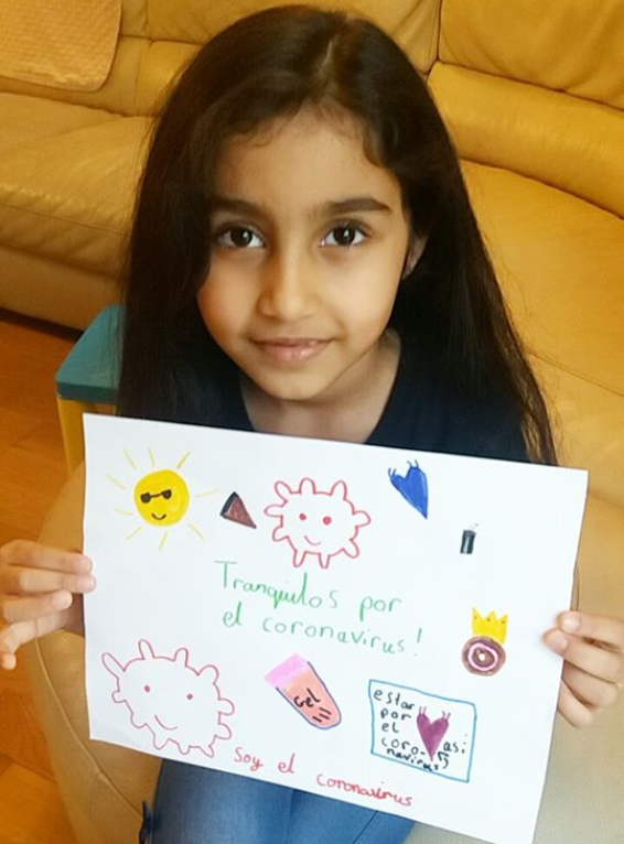 Girl with her drawing of the Virus