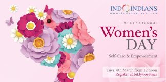 Indoindians Online Event Flyer International Womens Day March 8th 2022 - Self-Care and Empowerment