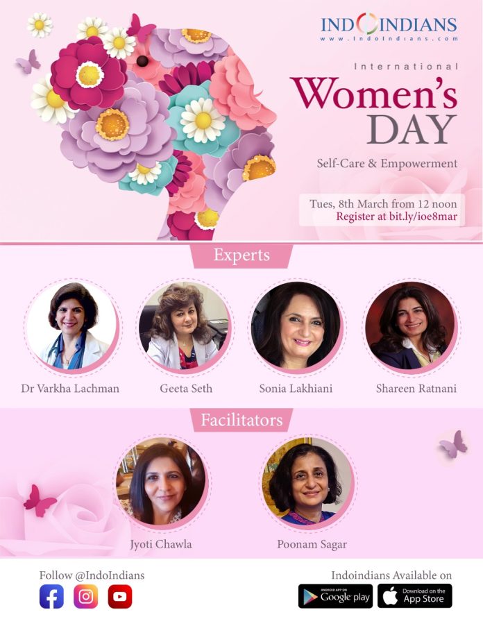 Indoindians Online Event Flyer International Womens Day March 8th 2022 - Self-Care and Empowerment