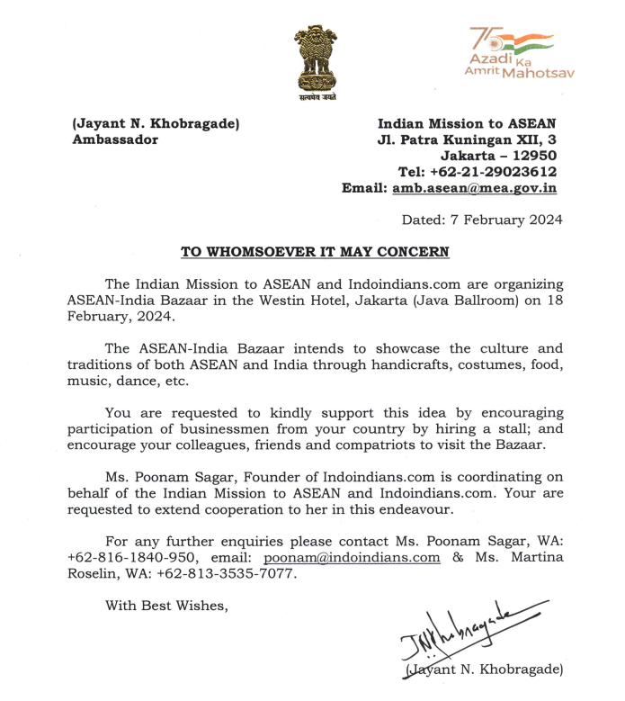 Letter from Indian Mission to ASEAN to support Indoindians Spring Bazaar