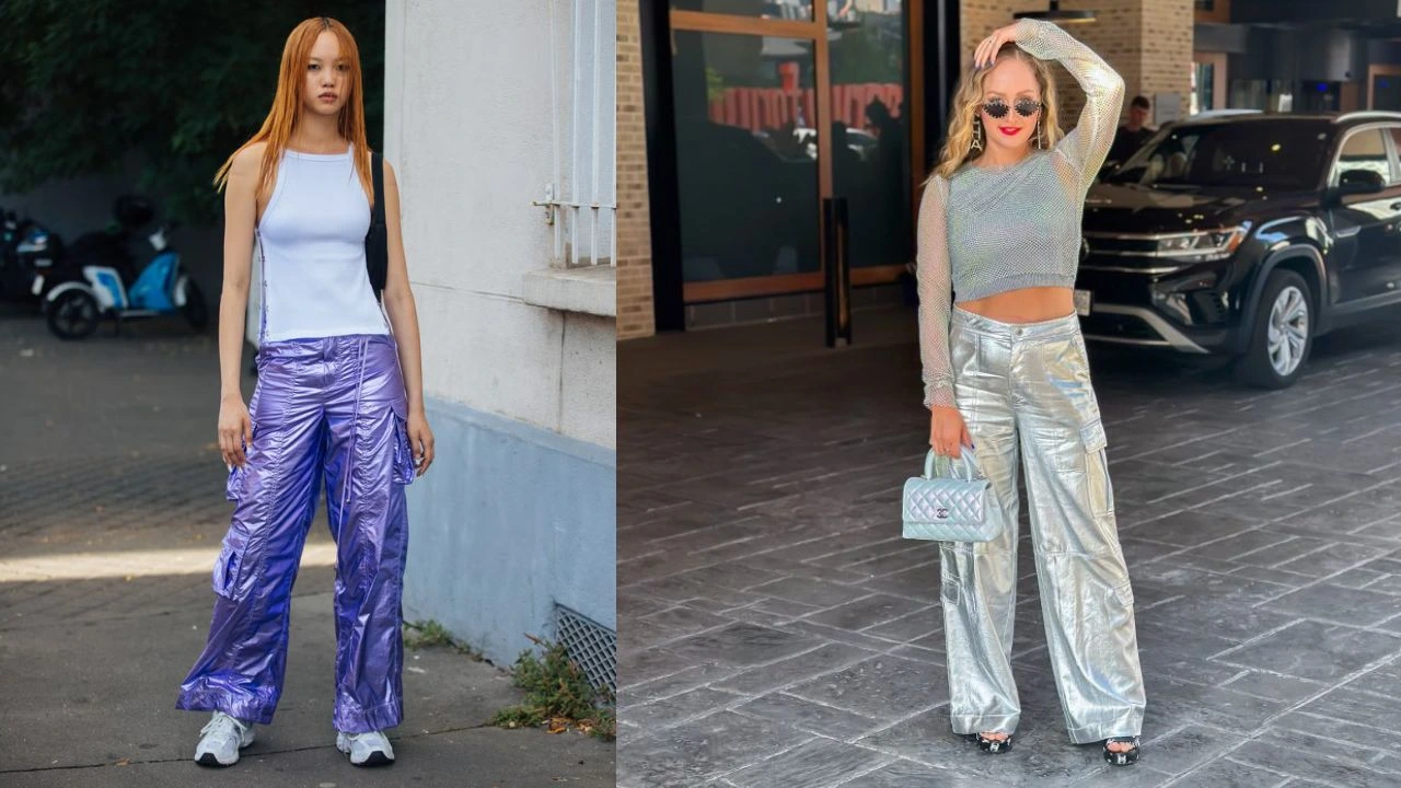 Metallic cargo pants paired with a fitted baby tee and heeled booties