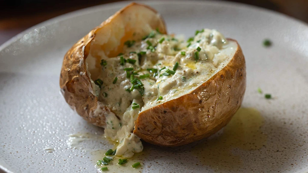 Baked Potatoes with Gorgonzola Cheese Yogurt Sauce