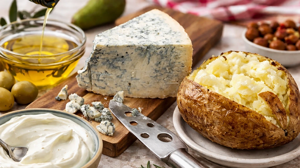 Potatoes, greek yogurt, olive oil, gorgonzola cheese