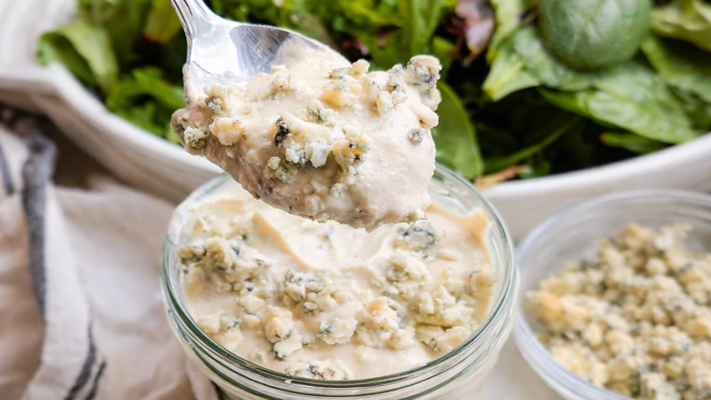 Spoon filled with blue cheese sauce
