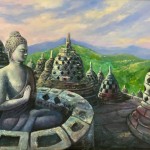 Artwork name: Borobudur temple
Medium: Mixed media
Size: 70cm x 100cm
Price: Rp 5,000,000 Borobudur temple by Vijaya Rani Birla