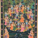 Medium-Stone colourSize- 70x50Description- Maharaas translates to “ Dance of Divine Love” which is clearly shown in this piece of art. Krishna can be seen celebrating this by dancing with Radha in the centre as well as all the other Gopis in the circle, which goes to show the dedication and love he has for everyone in his heart.Framed- NoFor sale- YesPrice- 4 million idr Maharaas by Madhushree Bansal