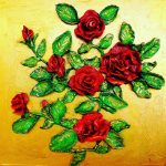 Medium: Embossed painting with oil colorsSize :40× 40 cmDescription: Done with Airdry clay, on a board then painted with oil colors. The Roses are embossed.Framed : yesFor Sale : yesPrice: 800,000 IDR Roses are Red by Suruchi Mishra