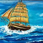 Medium: Oil on canvasSize: 1m×50cmDescription : Done in oil colors and shows the waves of sea and the boat sailing on it.Framed : yes, nice Indonesian frameFor Sale: yesPrice: 2,500,000 IDR Sail Through Storm by Suruchi Mishra