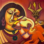 Medium- Oil colour
Size- 80x60
Description- This oleograph depicts the unconditional love between a mother and a son, here shown are Parvati and Lord Ganesha. The bright colours used here express the joy and celebration of their love.
Framed- No
For sale- Yes
Price- 4 million idr Unconditional Love by Madhushree Bansal